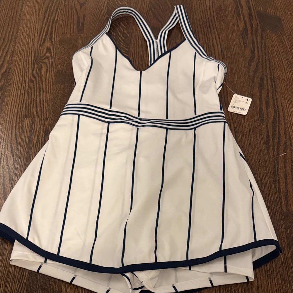 Free People White Romper with Navy Pinstripes